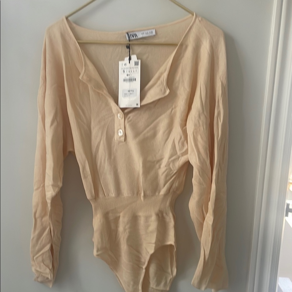 Zara Beige Button-Up Bodysuit